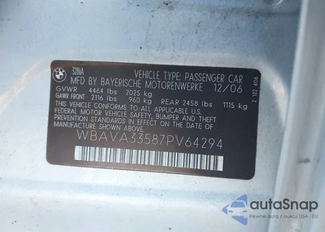 2007 BMW 328I из США, поврежденный, VIN WBAVA33587PV64294